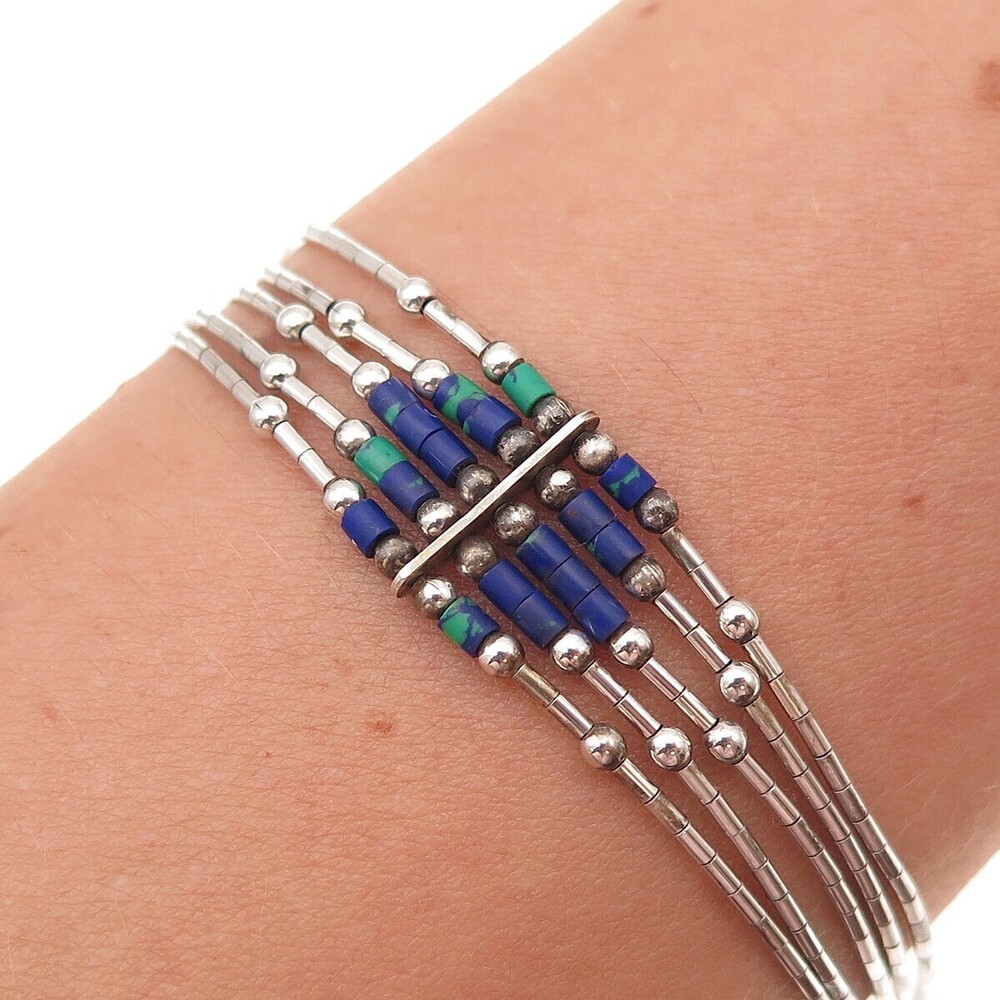Old Pawn 925 Sterling Silver Vintage Azurite 5-Strand Liquid Chain Bracelet 7"
